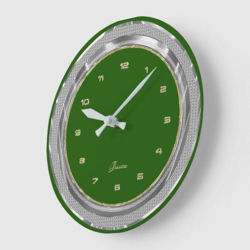 Faux Silver  Gold Border Custom Green Background Large Clock