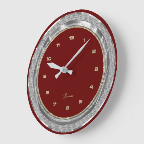 Faux Silver  Gold Border Custom Red Background  Large Clock