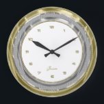 Faux Silver & Gold Border Custom White Background Large Clock<br><div class="desc">Elegant white background,  with metallic silver and gold tones border. Design is all images and not any kind of metallic finish. If you need any help customizing any of my designs,  contact ArtOnWear designer. Free text formatting with live help available by request.</div>