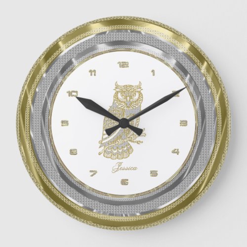 Faux Silver  Gold Border Gold Owl Large Clock