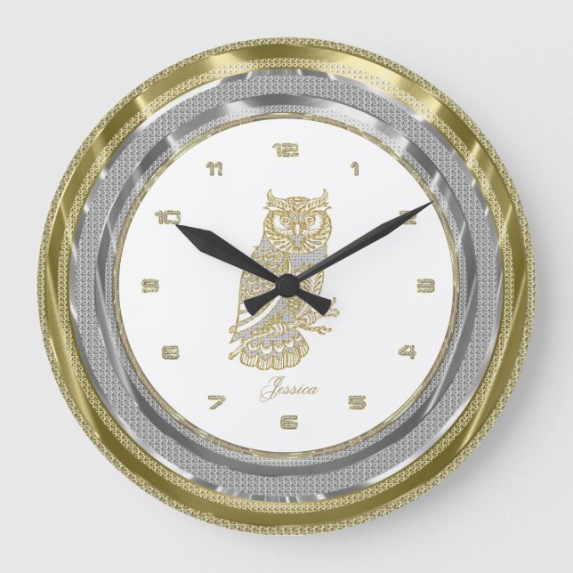 Faux Silver & Gold Border Gold Owl Large Clock (Front)