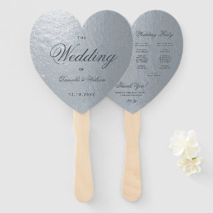 Faux Silver Gray Calligraphy Heart Wedding Program Hand Fan