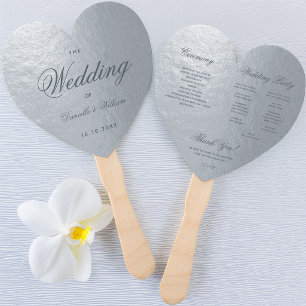 Faux Silver Gray Calligraphy Heart Wedding Program Hand Fan