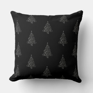 Faux Silver Gray Christmas Tree Pattern Black Throw Pillow