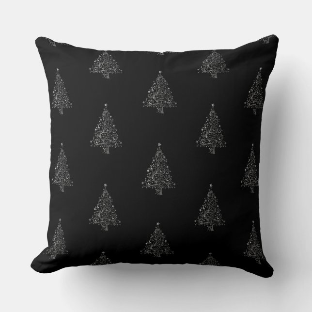 Faux Silver Gray Christmas Tree Pattern Black Throw Pillow (Front)