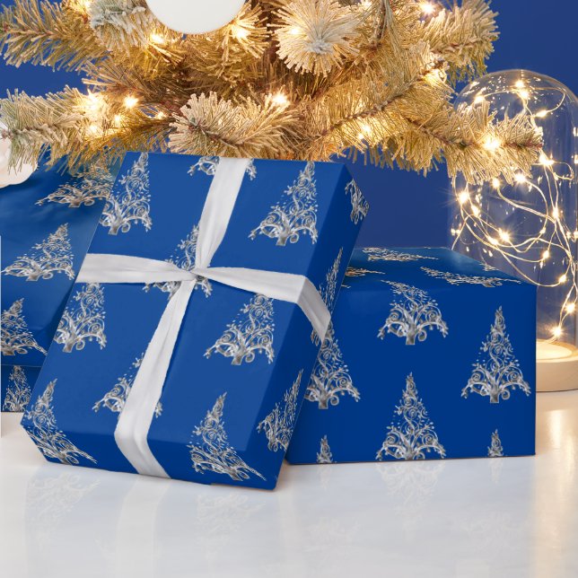 Faux Silver Gray Christmas Tree Pattern Blue Wrapping Paper (Holidays)