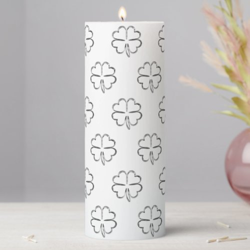 Faux Silver Gray Four Leaf Clovers Pattern Pillar Candle