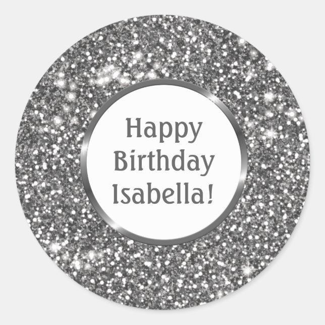 Faux Silver Gray Glitter Custom Happy Birthday Classic Round Sticker (Front)