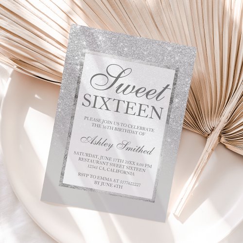 Faux silver gray glitter elegant chic Sweet 16 Invitation
