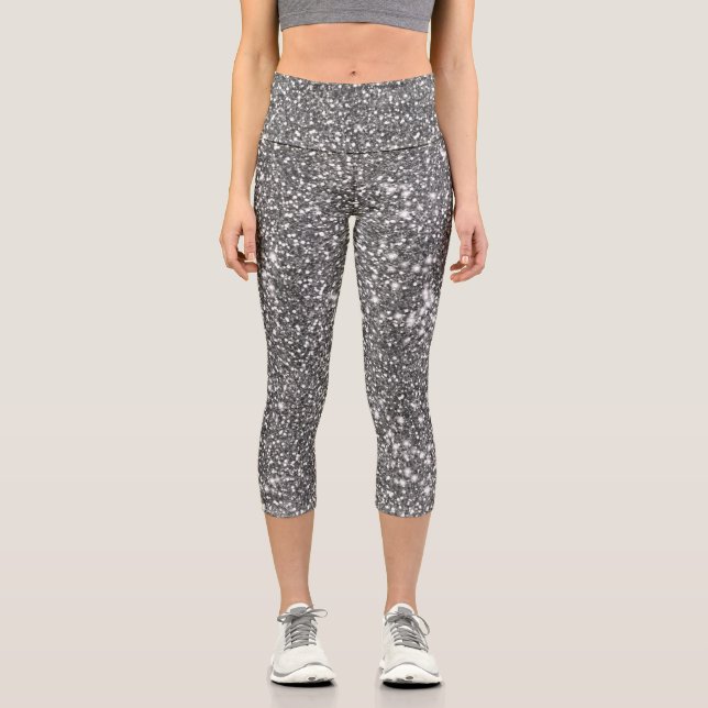 Faux Silver Gray Glitter Texture Look-like Design Capri Leggings (Front)