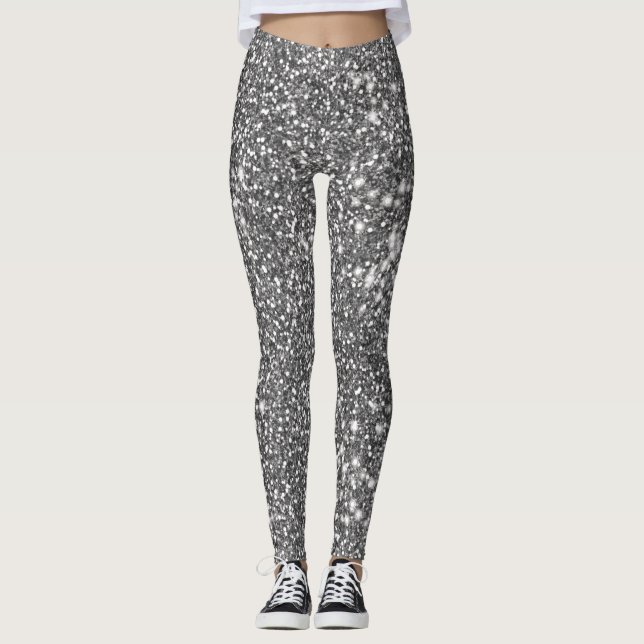 Faux Silver Gray Glitter Texture Look-like Design Leggings (Front)