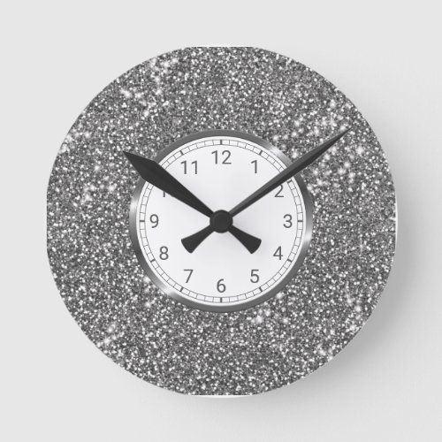 Faux Silver Gray Glitter Texture Look_like Design Round Clock