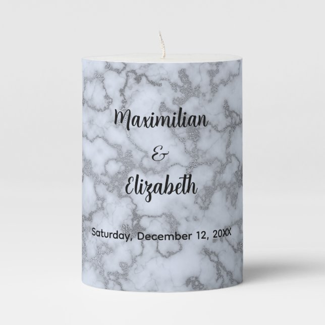 Faux Silver Gray Marble - Elegant Wedding Pillar Candle (Front)