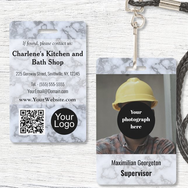 Faux Silver Gray Marble ID Badge (Faux Silver Gray Marble ID Badge by Office Accessories Shop)