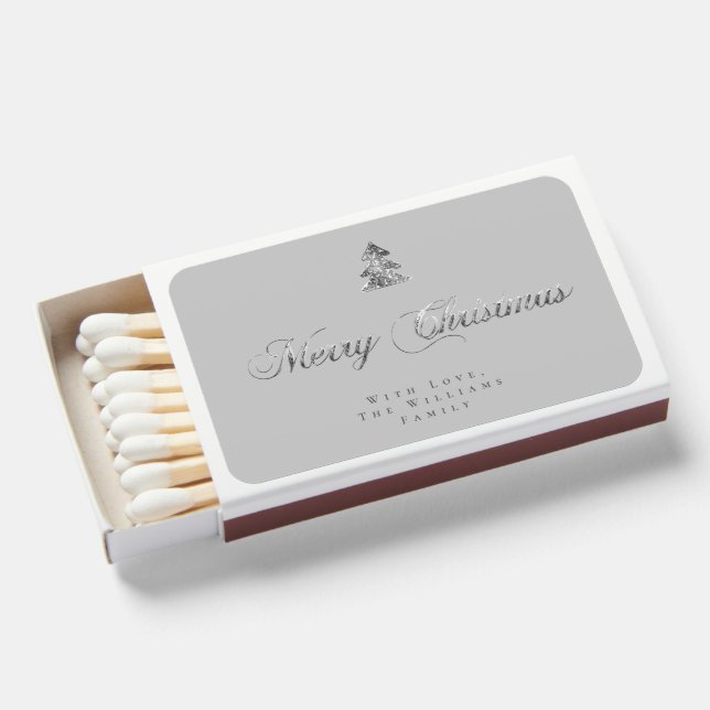 Faux Silver Gray Script Merry Christmas Matchbox Matchboxes (Front Open)
