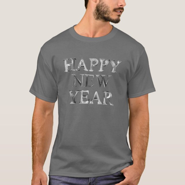 Faux Silver Gray Typography Happy New Year T-Shirt (Front)