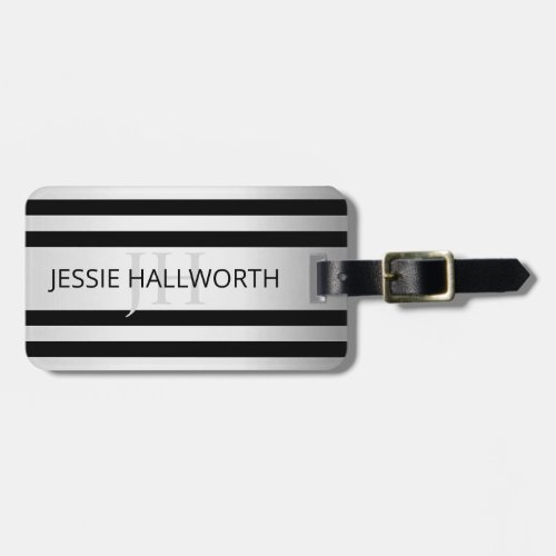 Faux Silver Grey  Black Stripes  Name  Initials Luggage Tag