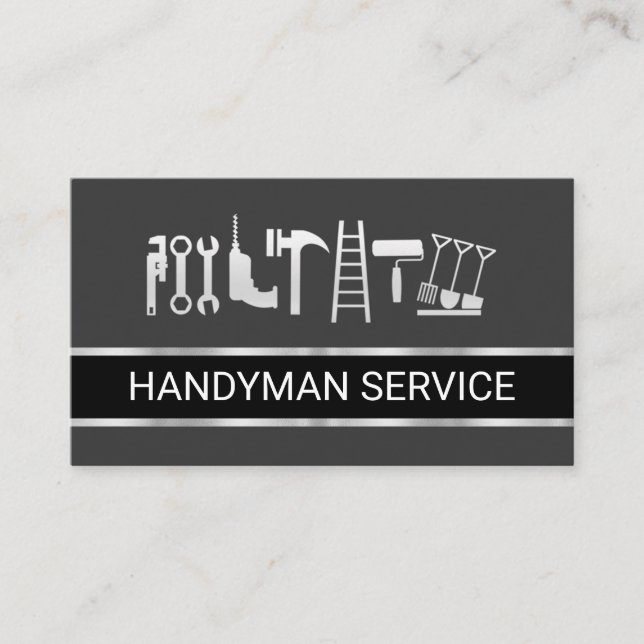 Faux Silver Handyman Tools Layer Business Card (Front)