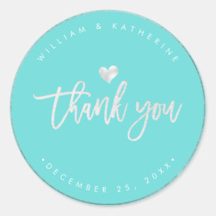 Faux Silver Heart Thank You DIY Color Turquoise Classic Round Sticker