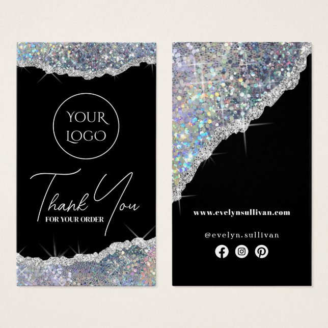 Faux silver iridescent glitter package insert (Front & Back)