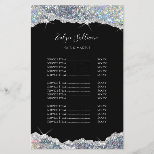 Faux silver iridescent glitter price list flyer (Front)