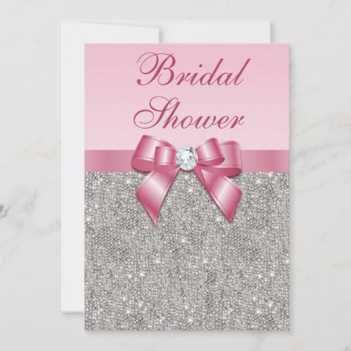 Faux Silver Jewels Pink Bow Diamonds Bridal Shower Invitation