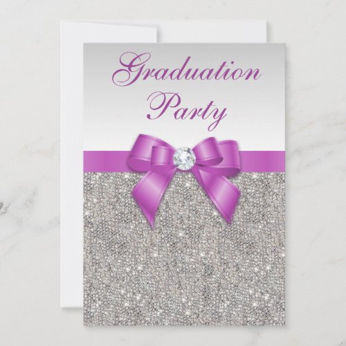 Faux Silver Jewels Radiant Orchid Graduation Party Invitation