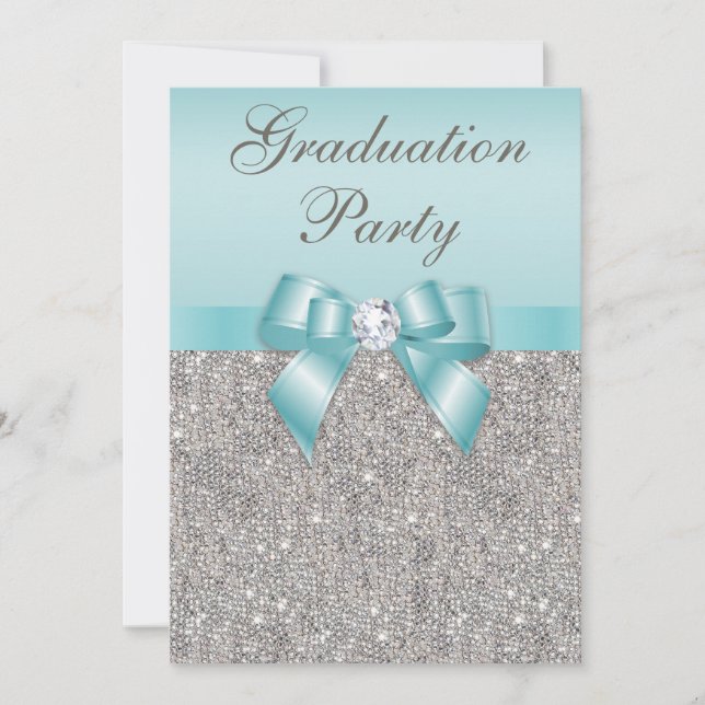 Faux Silver Jewels Teal Bow Girls Graduation Party Invitation (Front)