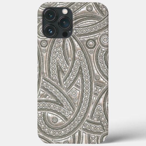 Faux Silver Leather Chic Paisley Tribal Pattern iPhone 13 Pro Max Case