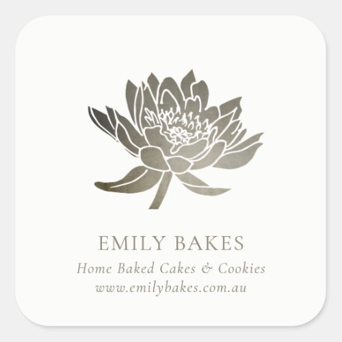 FAUX SILVER LOTUS FLORAL BUSINESS PROFESSIONAL SQUARE STICKER