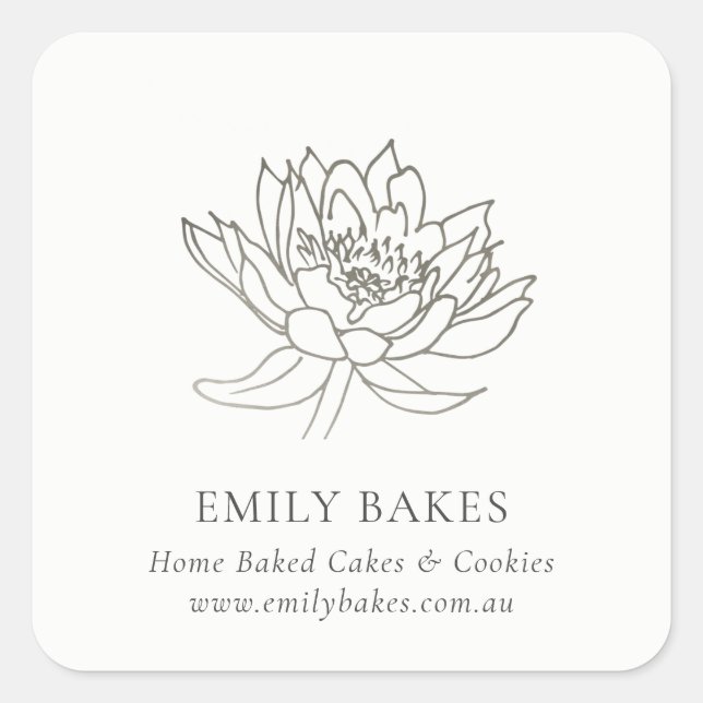 FAUX SILVER LOTUS FLORAL BUSINESS PROFESSIONAL SQUARE STICKER (Front)