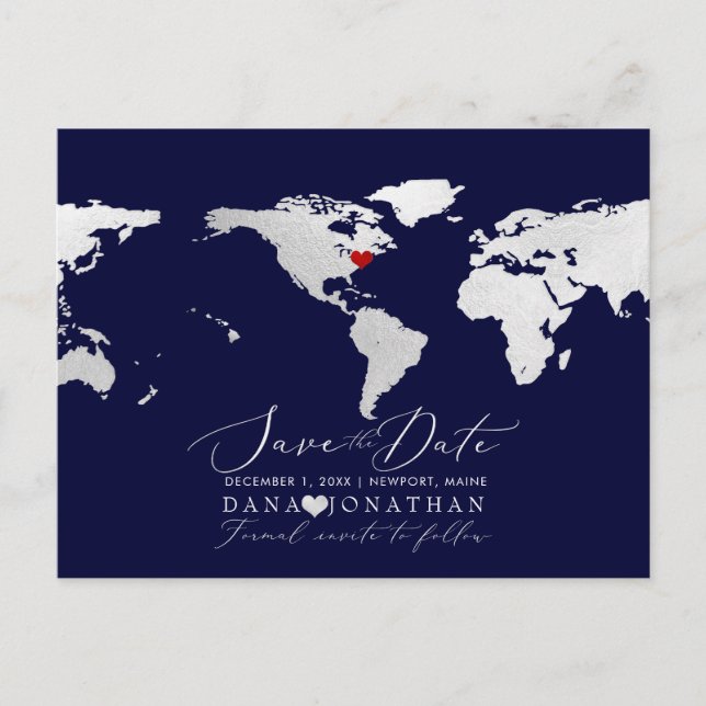 Faux Silver Map, Any Destination Save the Date Postcard (Front)