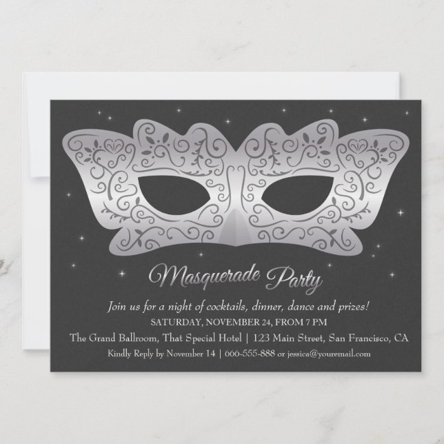 Faux Silver Mask Masquerade Party Invitations (Front)