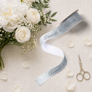 Faux Silver Metallic Elegant Gray Script Wedding Satin Ribbon