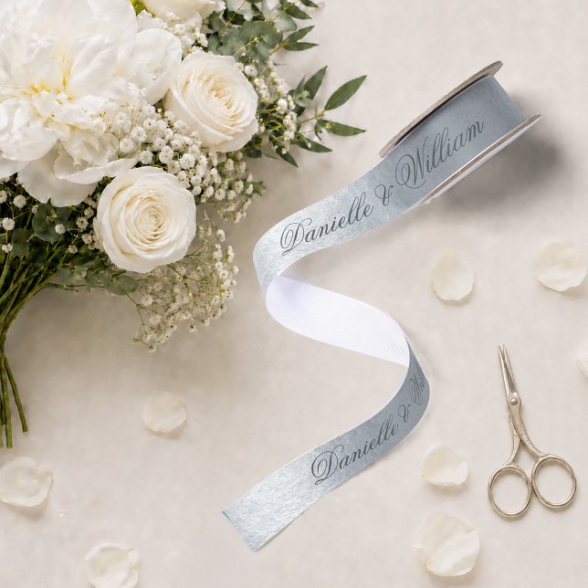 Faux Silver Metallic Elegant Gray Script Wedding Satin Ribbon (Creator Uploaded)