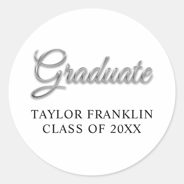 Faux Silver Metallic Foil Graduate Classic Round Sticker (Front)