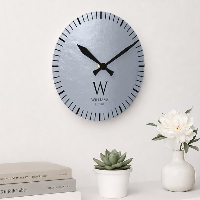 Faux Silver Metallic Gray Black Monogram and Name  Round Clock (Creator Uploaded)
