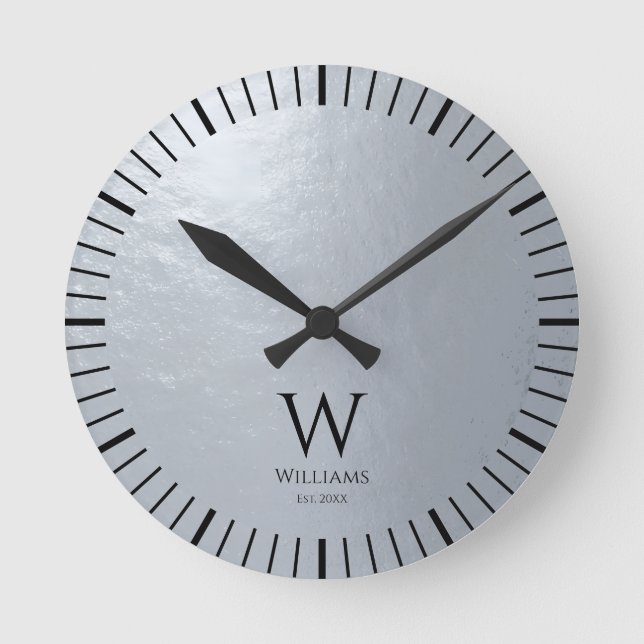 Faux Silver Metallic Gray Black Monogram and Name  Round Clock (Front)