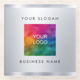 Faux Silver Metallic Look Add Your Business Logo Glass Coaster