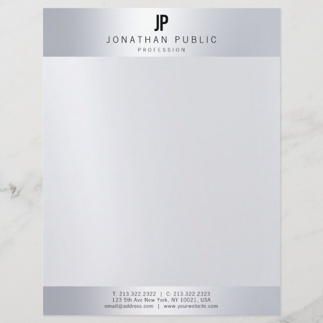 Faux Silver Monogram Professional Modern Template Letterhead (Front)