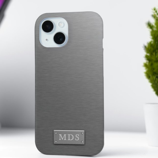 Faux Silver Monogram Titanium Gray Brushed Metal Case-Mate iPhone Case (Just add your initials)