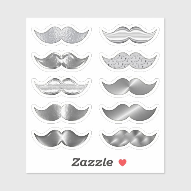 Faux Silver Mustaches Moustache Set of 10 Stickers (Sheet)