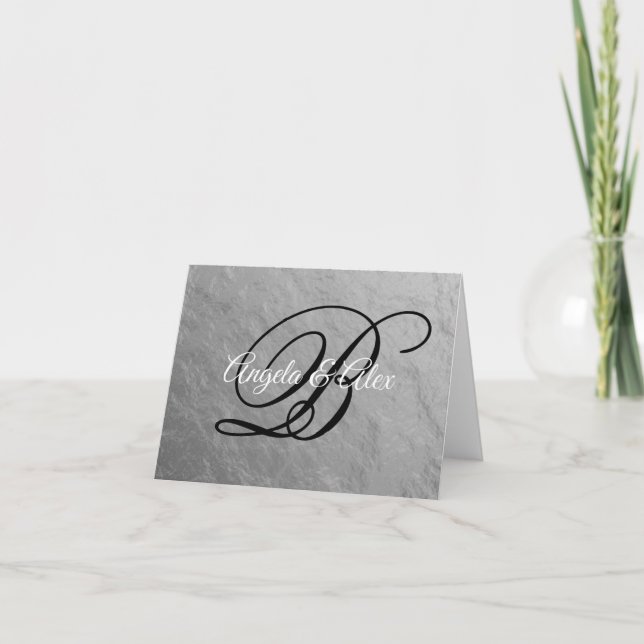 Faux Silver Nugget Foil Fancy Script Monogram Letterpress Thank You Card (Front)