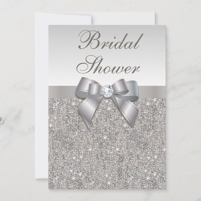 Faux Silver Sequins and Bow Bridal Shower Invitation (Front)