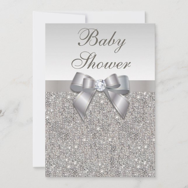 Faux Silver Sequins and Bow Neutral Baby Shower Invitation (Front)