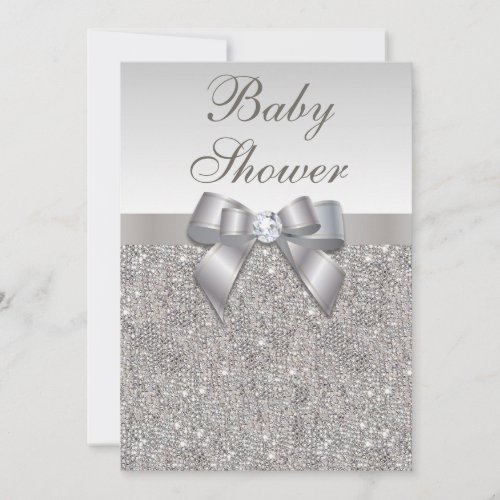 Faux Silver Sequins and Bow Neutral Baby Shower Invitation