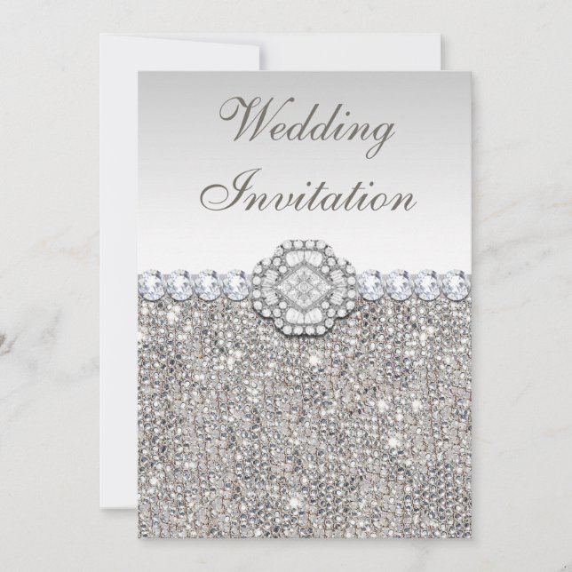 Faux Silver Sequins and Diamond Images Wedding Invitation (Front)