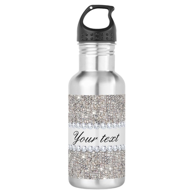 Faux Silver Sequins and Diamonds Stainless Steel Water Bottle (Front)