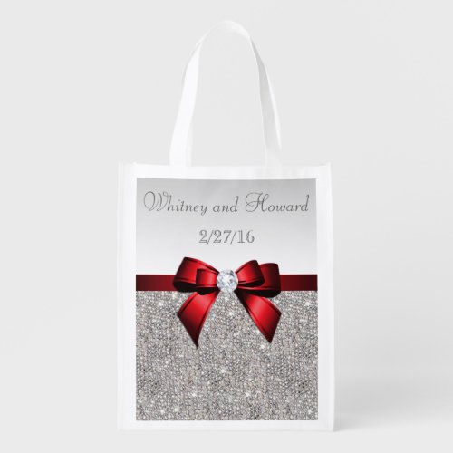 Faux Silver Sequins and Red Bow Wedding Favor Reusable Grocery Bag