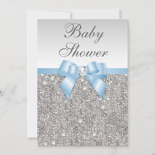 Faux Silver Sequins Baby Blue Baby Shower Invitation